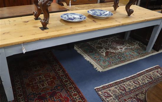 A large 19th century French farmhouse pine table (frieze and legs painted grey) Top 265 x 73cm